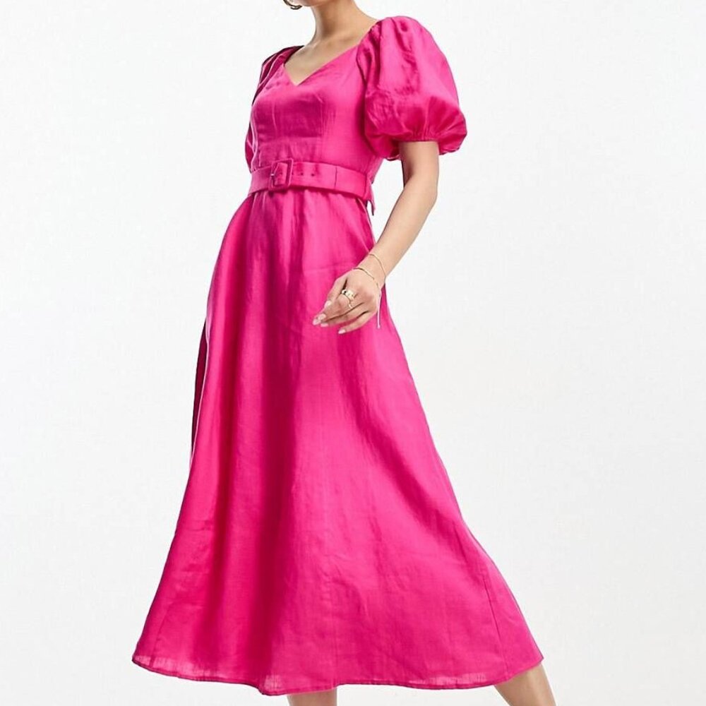 & Other Stories 100% Linen puff sleeve belted A-line midi maxi dress in pink NWT